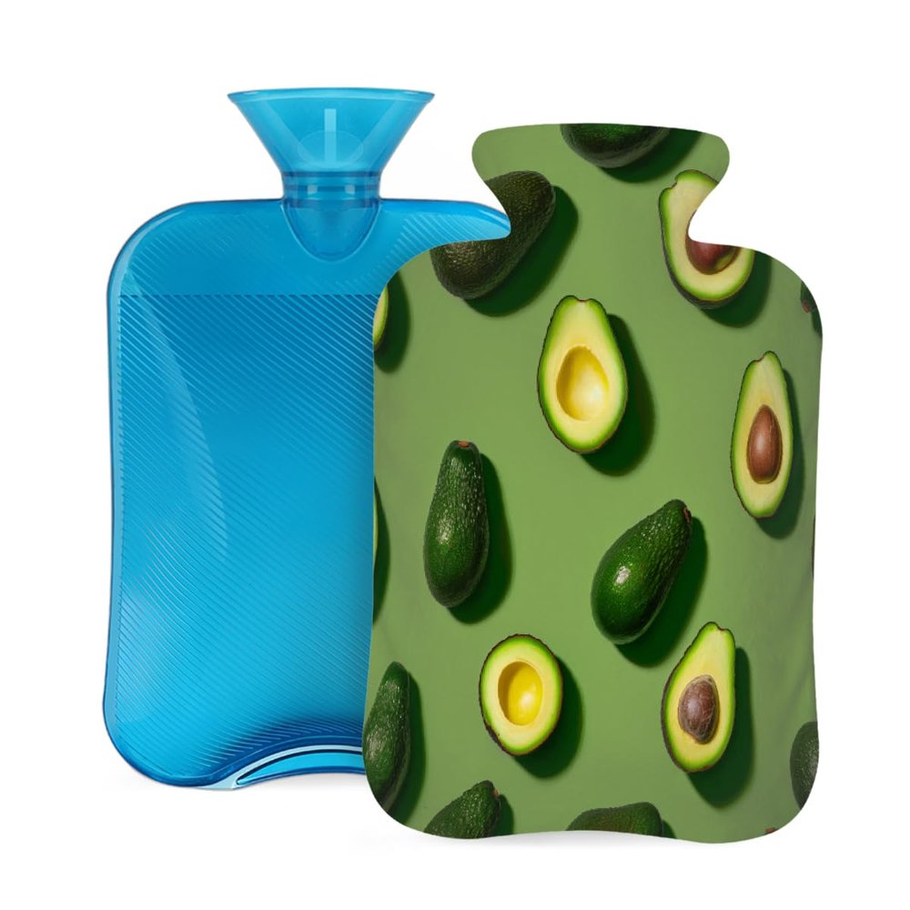 Hot Water Bottle with Soft Cover, Avocado Cute Fruits Pattern 2L Hot and Cold Water Bag for Hand Feet Warmer, Shoulder Pain Relief,Menstrual Cramps