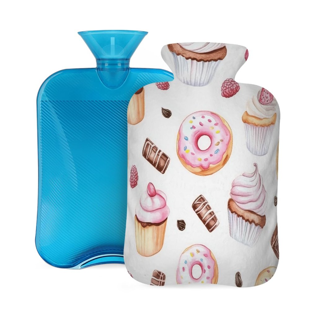 Hot Water Bottle with Soft Cover, Sweet Cupcake Donut 2L Hot and Cold Water Bag for Hand Feet Warmer, Shoulder Pain Relief,Menstrual Cramps