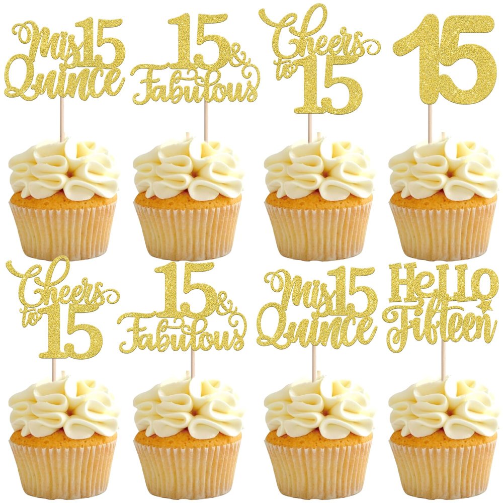 30 Pack 15th Birthday Cupcake Toppers Glitter Fifteen Cheers to 15 Cupcake Picks Hello 15 Cake Decorations for Happy 15th Birthday Anniversary Party Supplies Gold