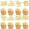 30 Pack 15th Birthday Cupcake Toppers Glitter Fifteen Cheers to 15 Cupcake Picks Hello 15 Cake Decorations for Happy 15th Birthday Anniversary Party Supplies Gold view 1