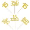 30 Pack 15th Birthday Cupcake Toppers Glitter Fifteen Cheers to 15 Cupcake Picks Hello 15 Cake Decorations for Happy 15th Birthday Anniversary Party Supplies Gold view 3