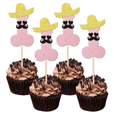 12 Pcs Prank Bachelorette Party Cake Cupcake Topper Decoration Gender Glitter Pick for Hen Bridal Shower Engagement Supplier Favor Game Tool Decor Set Y33