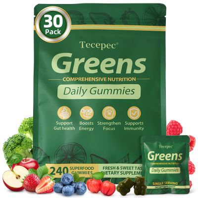 Greens Daily Gummies, Superfood Fruits and Veggies Blend with Spirulina, Chlorella, Prebiotics & Fiber, Adaptogens Multivitamin Supplement for Women & Men Digestive Health, Non-GMO, 240 Count
