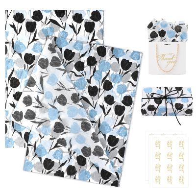 ARPOVIST 60 Sheets Blue Black Tulip Tissue Paper with Stickers, Floral Wrapping Paper for Gift Bags, Boxes, Crafts, Wedding Birthday Baby Shower Party Supplies 20x14 Inches