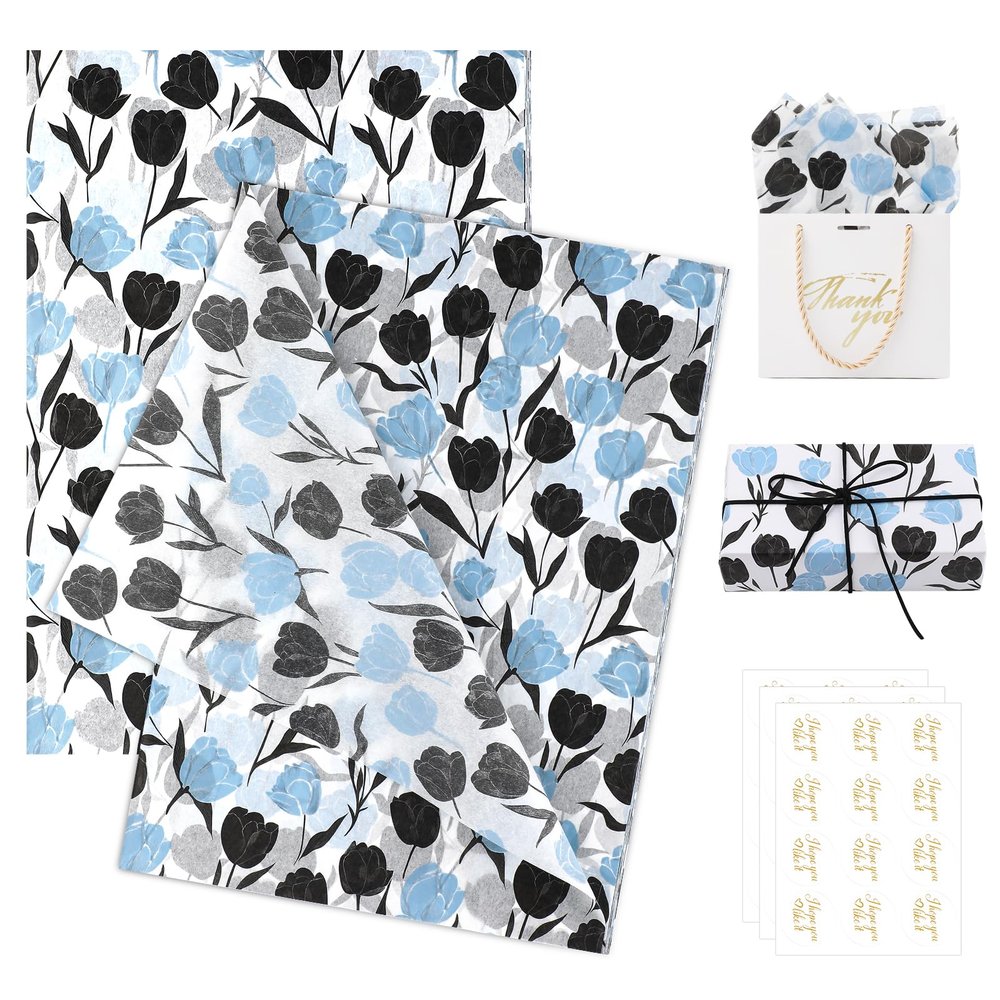 ARPOVIST 60 Sheets Blue Black Tulip Tissue Paper with Stickers, Floral Wrapping Paper for Gift Bags, Boxes, Crafts, Wedding Birthday Baby Shower Party Supplies 20x14 Inches