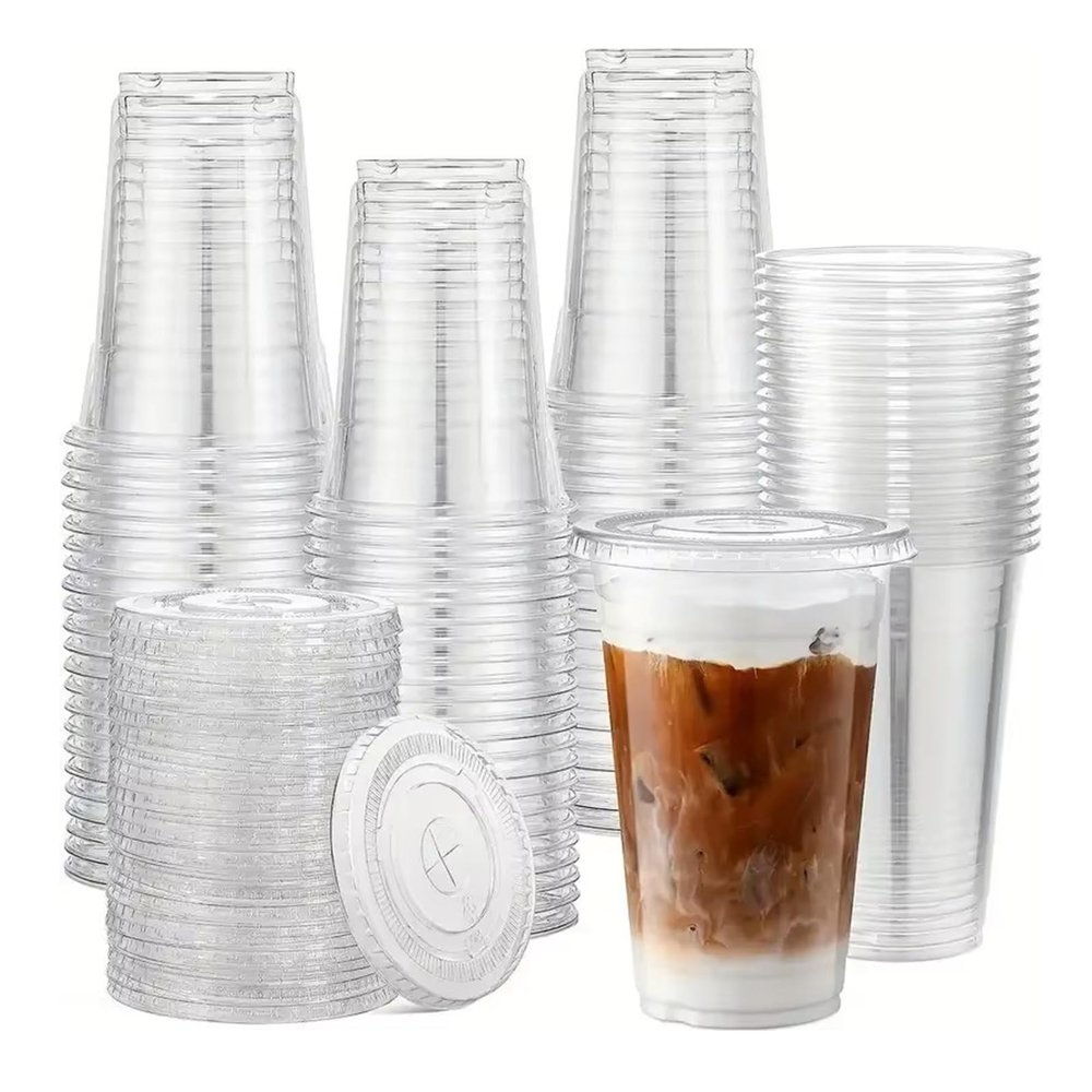 100 Pack 16 oz Clear Plastic Cups with Lids Disposable Plastic Smoothie Cups for Cold Drinks for Party, Wedding, Event(Without straw) (B-16oz-100pcs)