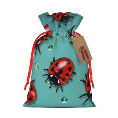 KKLWEGU Red Ladybugs Christmas Drawstring Gift Bags Reusable Christmas Wrapping Bag W/Tags 4.7x6.9 Inch Xmas Treat Pouch Goody Bags Candy Treat Bag For Xmas Holiday Presents Party Favor