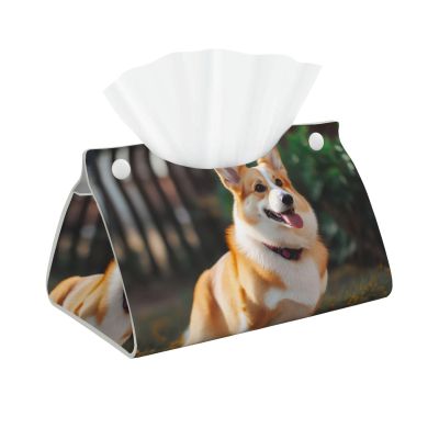 Dog Corgi Tissue Box Cover PU Leather Rectangular Tissue Box Holder Modern Decorative Tissue Cover Facial Paper Organizer Dispenser for Home, Car, Hotel, Office