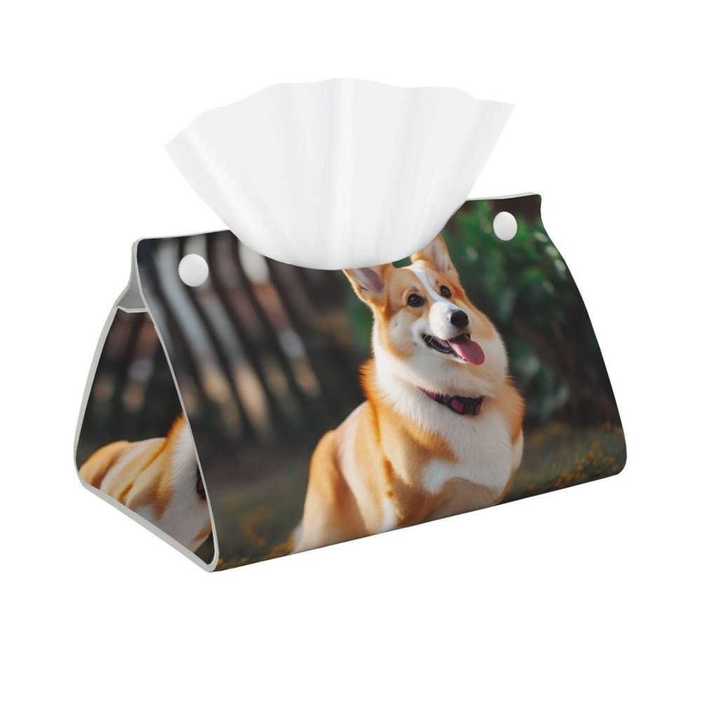Dog Corgi Tissue Box Cover PU Leather Rectangular Tissue Box Holder Modern Decorative Tissue Cover Facial Paper Organizer Dispenser for Home, Car, Hotel, Office