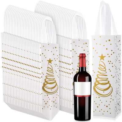 Wesnoy 50 Pcs Christmas Reusable Non-woven Wine Bottle Gift Bags Bulk 13.6x3.5x3.9 Christmas Tree Pattern Bottle Gift Bags with Handles for Xmas Party (White Gold)