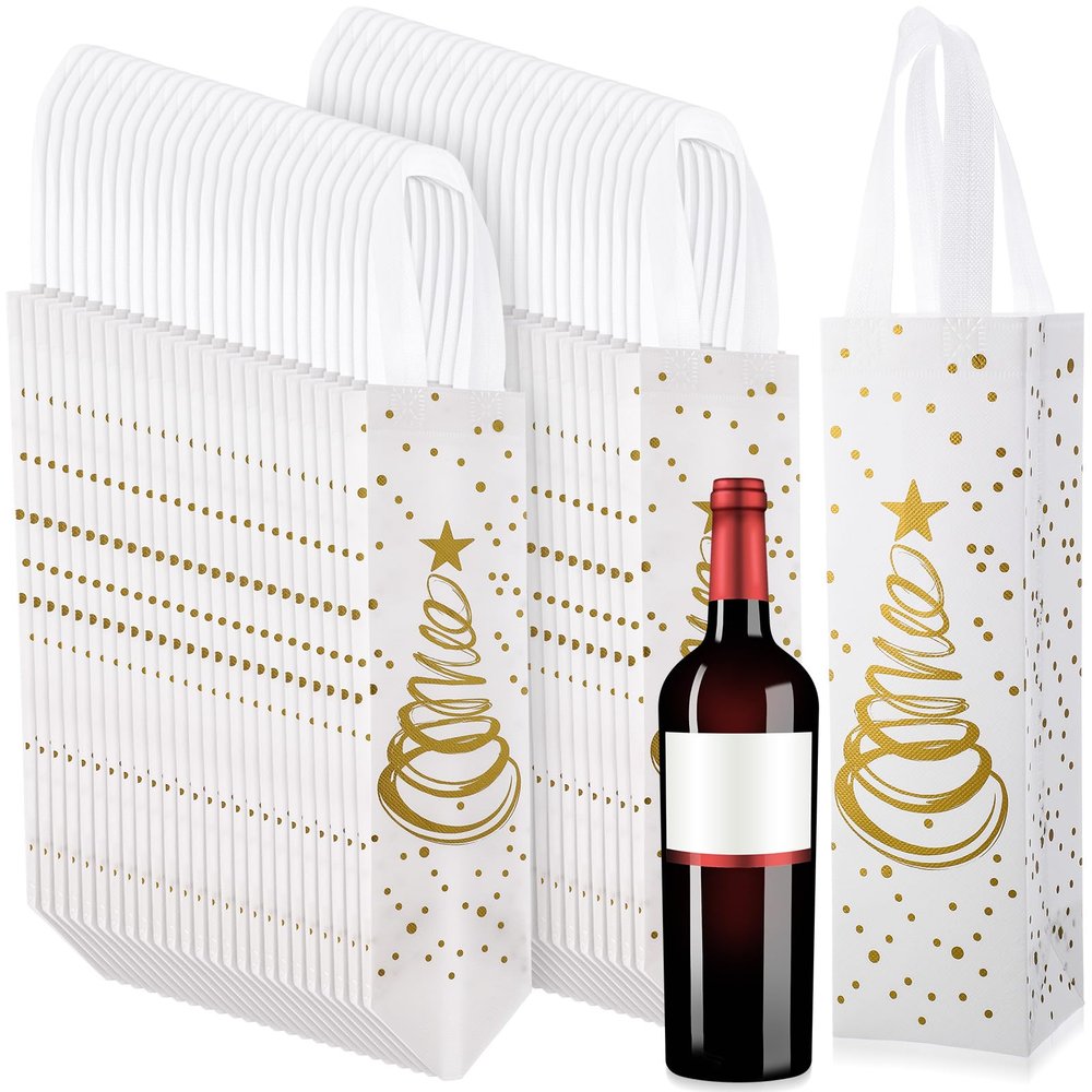 Wesnoy 50 Pcs Christmas Reusable Non-woven Wine Bottle Gift Bags Bulk 13.6x3.5x3.9 Christmas Tree Pattern Bottle Gift Bags with Handles for Xmas Party (White Gold)