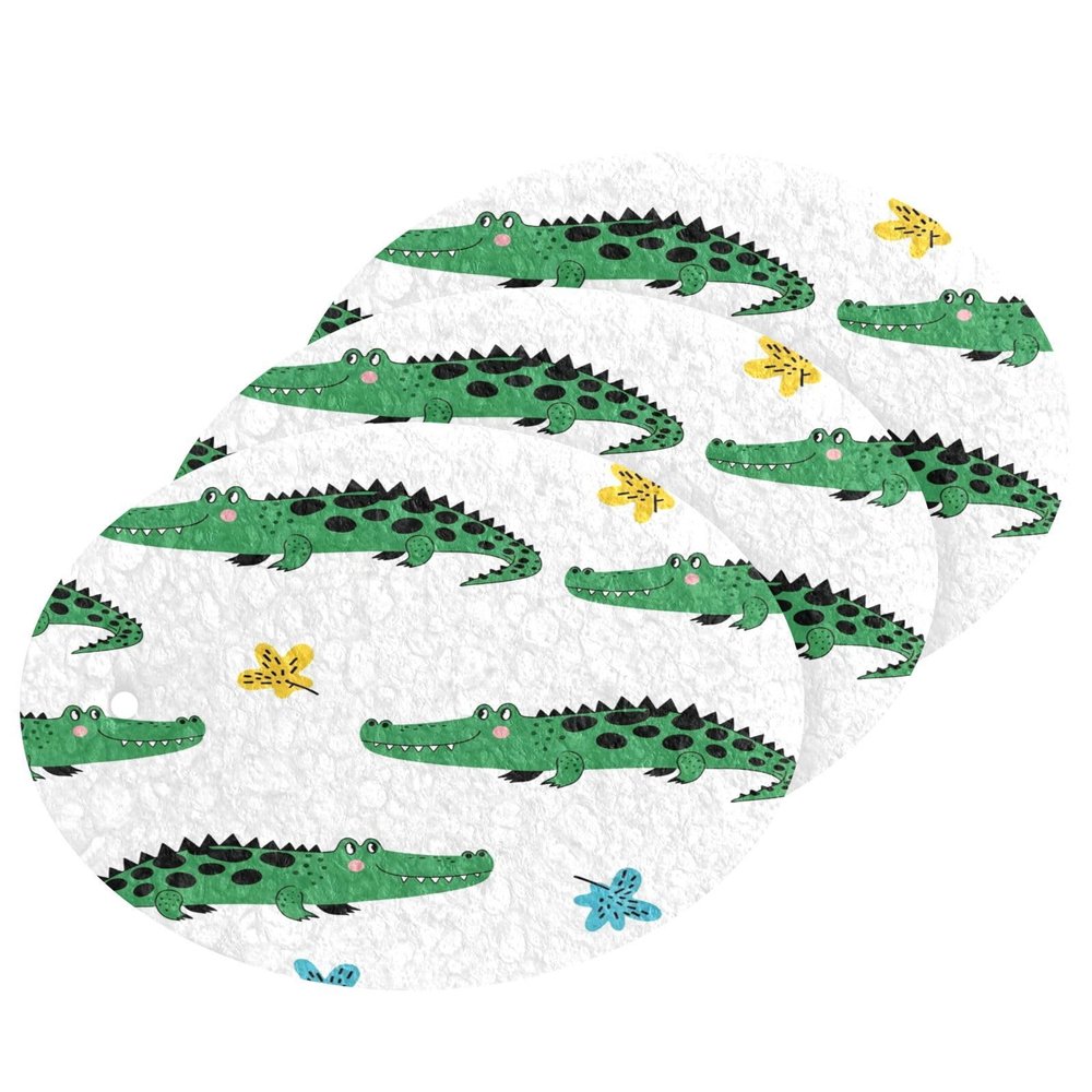 KOCOART Crocodile Pattern with Flowers Dish Scrub Sponges Kitchen Non Scratch Reusable Compressed Cellulose Sponge Hanging for Household Cleaning Washing Dishes Pots and Pans 3 Pack