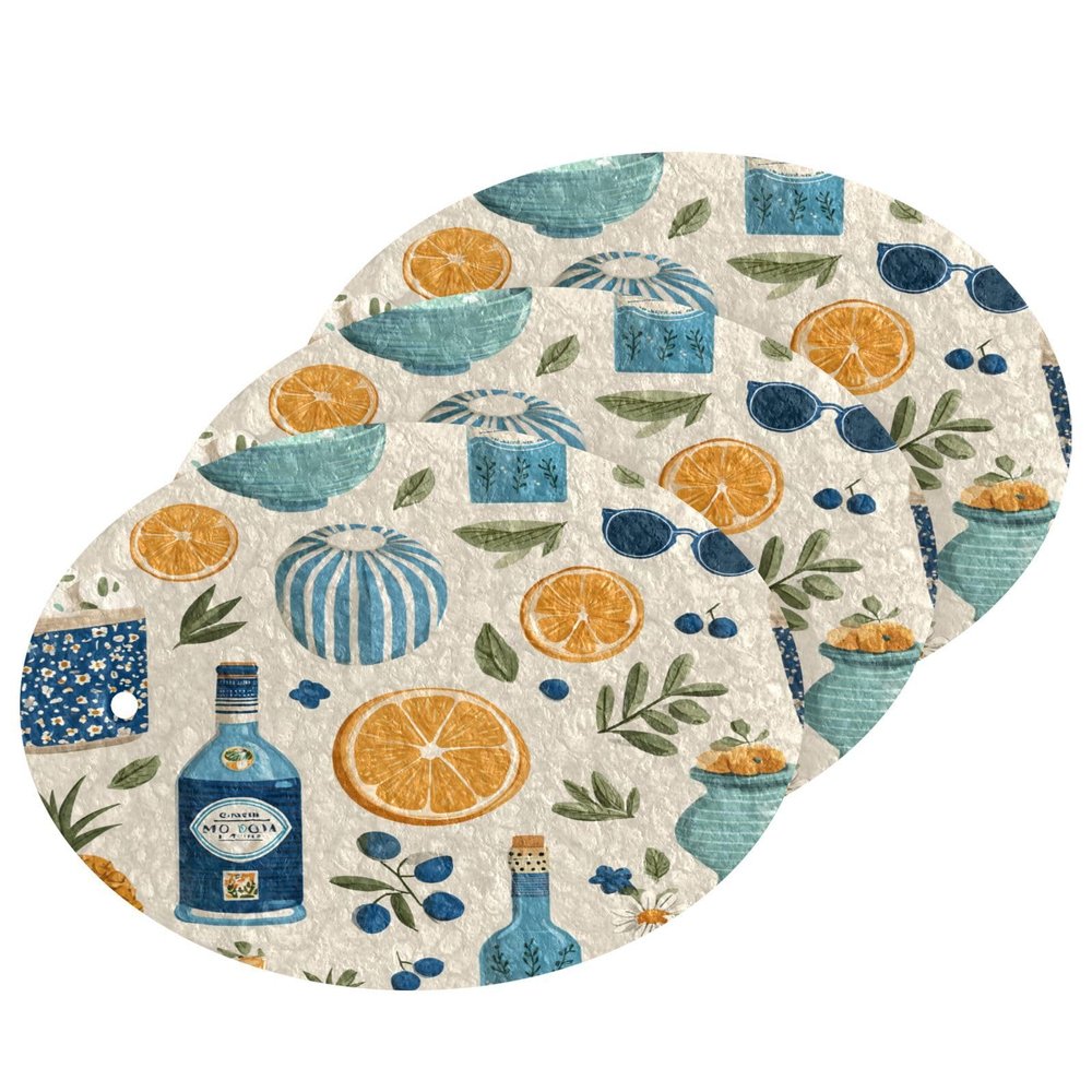 KOCOART Fruit Beverage Bottle Pattern Dish Scrub Sponges Kitchen Non Scratch Reusable Compressed Cellulose Sponge Hanging for Household Cleaning Washing Dishes Pots and Pans 3 Pack