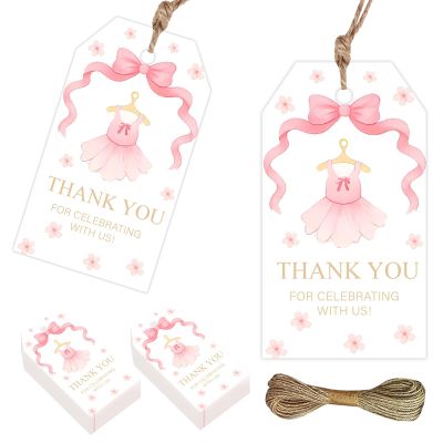 50Pcs Ballet Thank You Tags Ballerina Party Decorations Pink Bow Ballerina Dress Gift Tag with String for Girls Birthday Baby Shower Party Favors