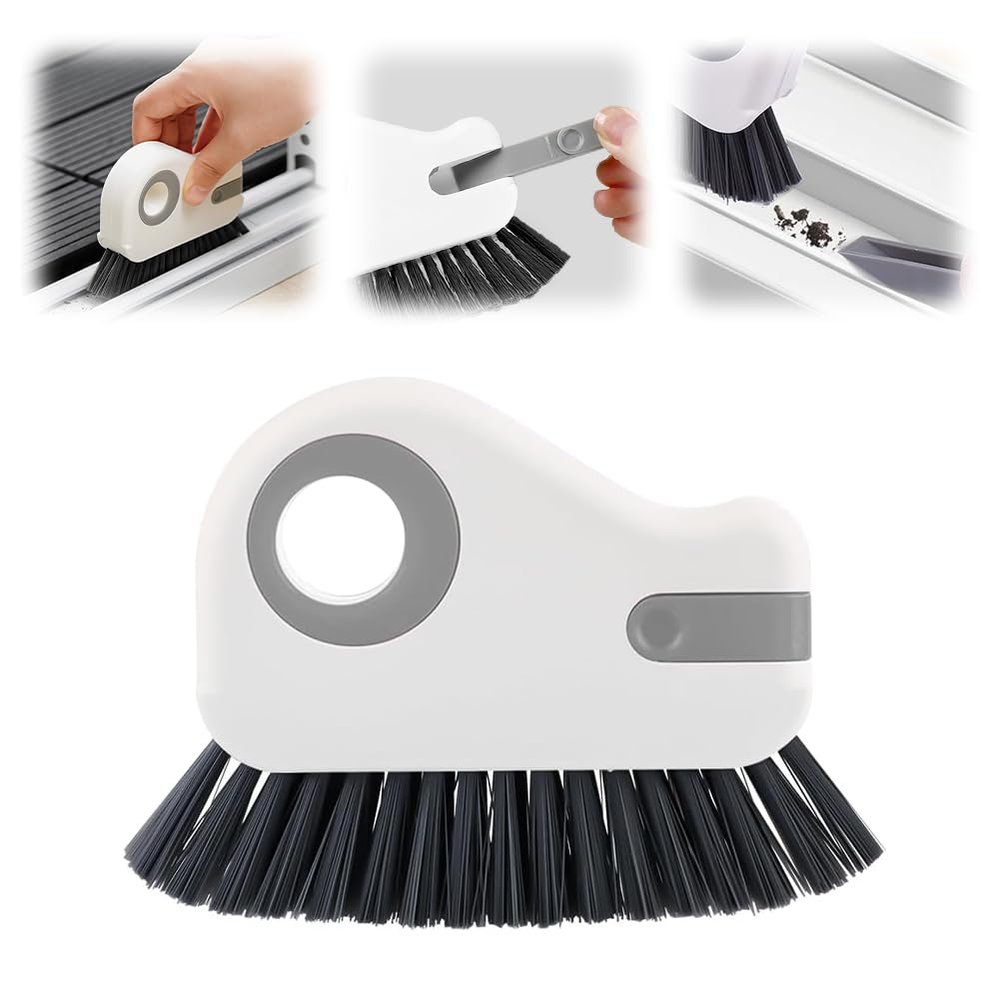 2 in 1 Groove Cleaning Brush, Window Track Cleaning Tools with Hard Bristles and Hidden Scraper, Crevice Brush for Sliding Door Track, Window Seal and Sill (Gray)