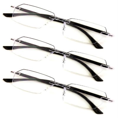 V.W.E. 3 Pairs of Rimless Hexagon lightly tinted anti-blue reading glasses - Clear Lens UV protection Reader (3 Black - Clear Lens, 3.00, x)