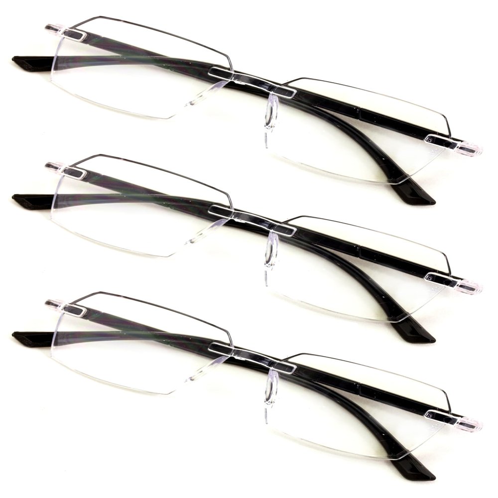 V.W.E. 3 Pairs of Rimless Hexagon lightly tinted anti-blue reading glasses - Clear Lens UV protection Reader (3 Black - Clear Lens, 3.00, x)