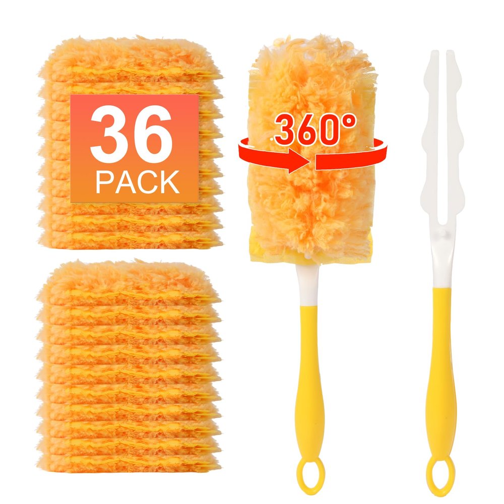 36 Count Heavy Duty Duster Refills for Swiffer Dusters with 1 Handle, 360 Multi-Surface Larger Size Feather Duster, Disposable Duster Kit for Cleaning Home, 4X Microfibers, Unscented