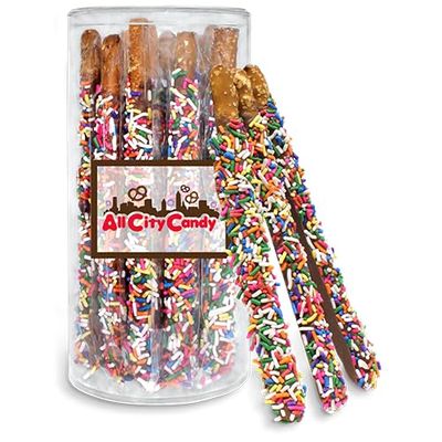 All City Candy Hand-Dipped Milk Chocolate Sprinkled Hand dipped Pretzel Rods Holiday ready Sweet & Salty Treats, Individually Wrapped,12-Piece Gift Tube, Perfect for Seasonal Celebrations, Birthdays or Gift giving occasions
