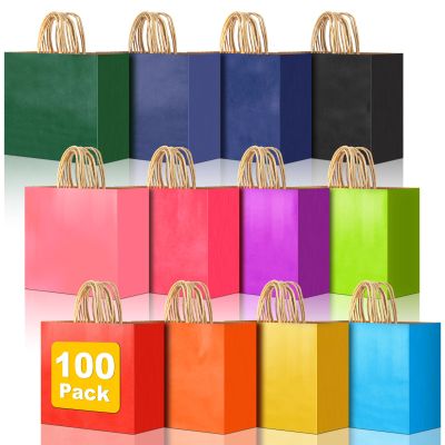 100 PCS Large Gift Bags with Handles, 12.61"x4.33"x9.65" Party Favor Bags, 12 Colored Goodie Bags for Birthday Party, Kraft Paper Gift Bags Bulk for Wedding, Baby Shower, Celebrations, Party Supplies