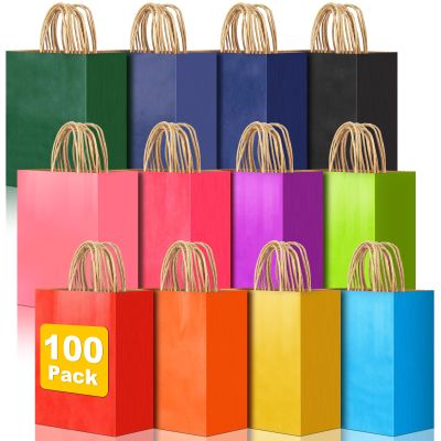 100 PCS Medium Gift Bags with Handles, 7.88"x4.73"x10.64" Party Favor Bags, 12 Colored Goodie Bags for Birthday Party, Kraft Paper Gift Bags Bulk for Wedding, Baby Shower, Celebrations, Party Supplies