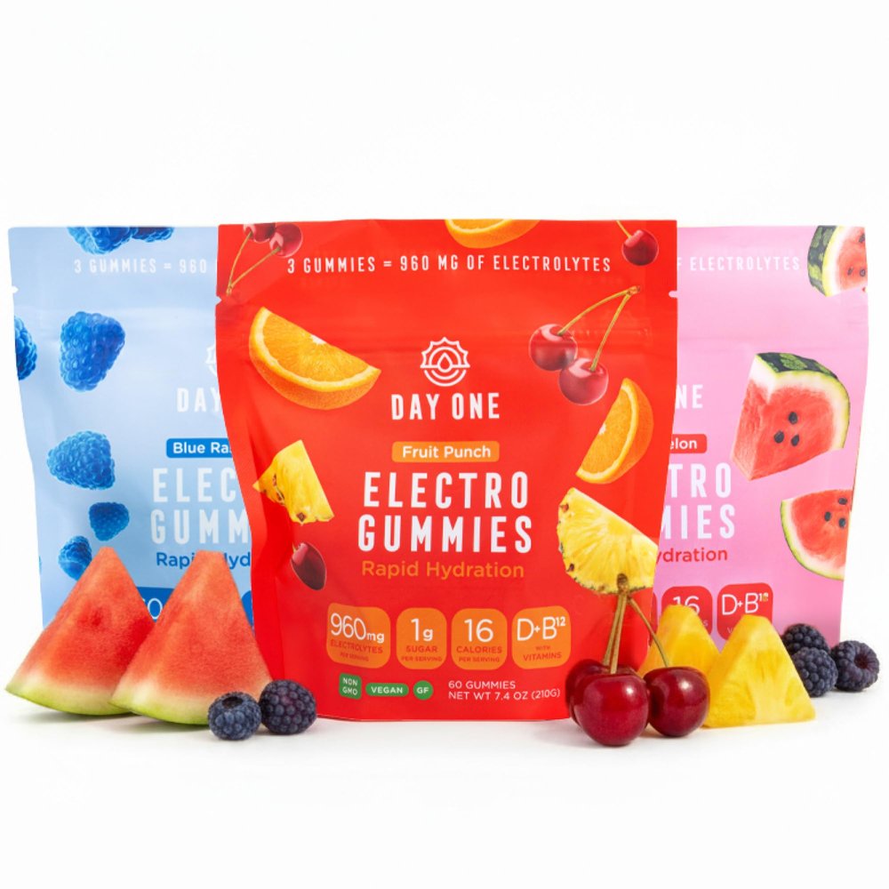 Day One Electrogummies Variety Pack - Fruit Punch, Blue Raspberry & Watermelon Electrolyte Gummies for Runner, Athlete - Hydration Gummies with Electrolytes - Alternative to Powders, Tablets 180 Count