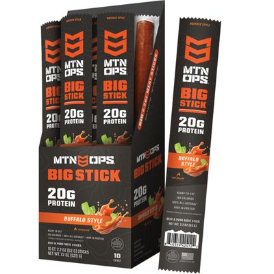 MTN OPS Big Stick High Protein Meat Sticks - 20g Protein, 10% Collagen - Buffalo Style Flavor - Individually Wrapped Beef Snacks - 10 Count Carton