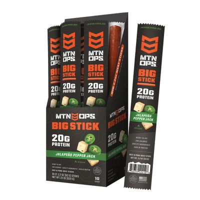 MTN OPS Big Stick High Protein Meat Sticks - 20g Protein, 10% Collagen - Jalapeo Pepper Jack Flavor - Individually Wrapped Beef Snacks - 10 Count Carton
