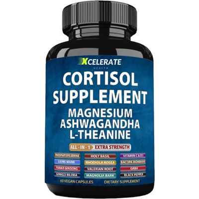 Cortisol Capsules Magnesium Ashwagandha, L-Theanine, Lions Mane, Holy Basil, Ginkgo Biloba, Rhodiola Rosea Bacopa Monnieri GABA, Panax Ginseng Valerian Root Magnolia Bark All-in-1 Supplement