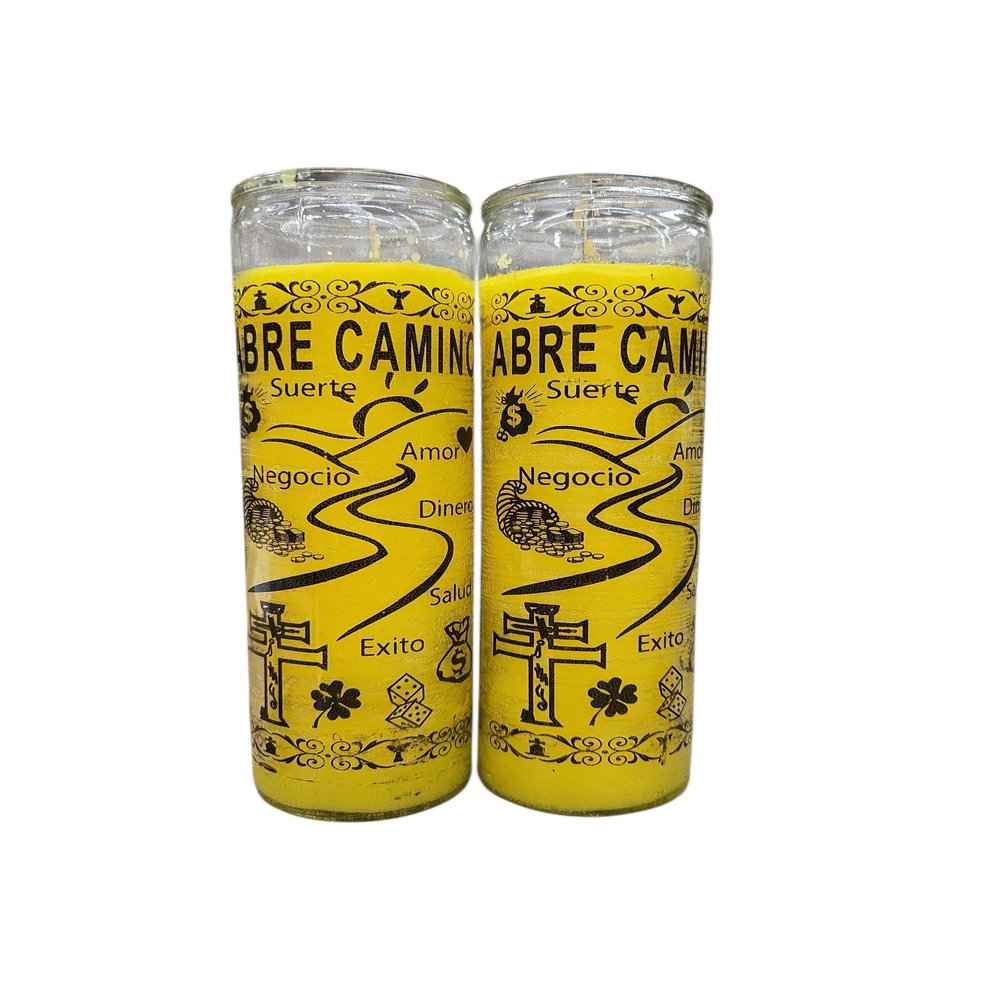 Abre Camino Religious Glass Candle, Yellow, 8 Inch Cylindrical Container, Spiritual Ceremony, Mystical Symbols, Pack of (4)