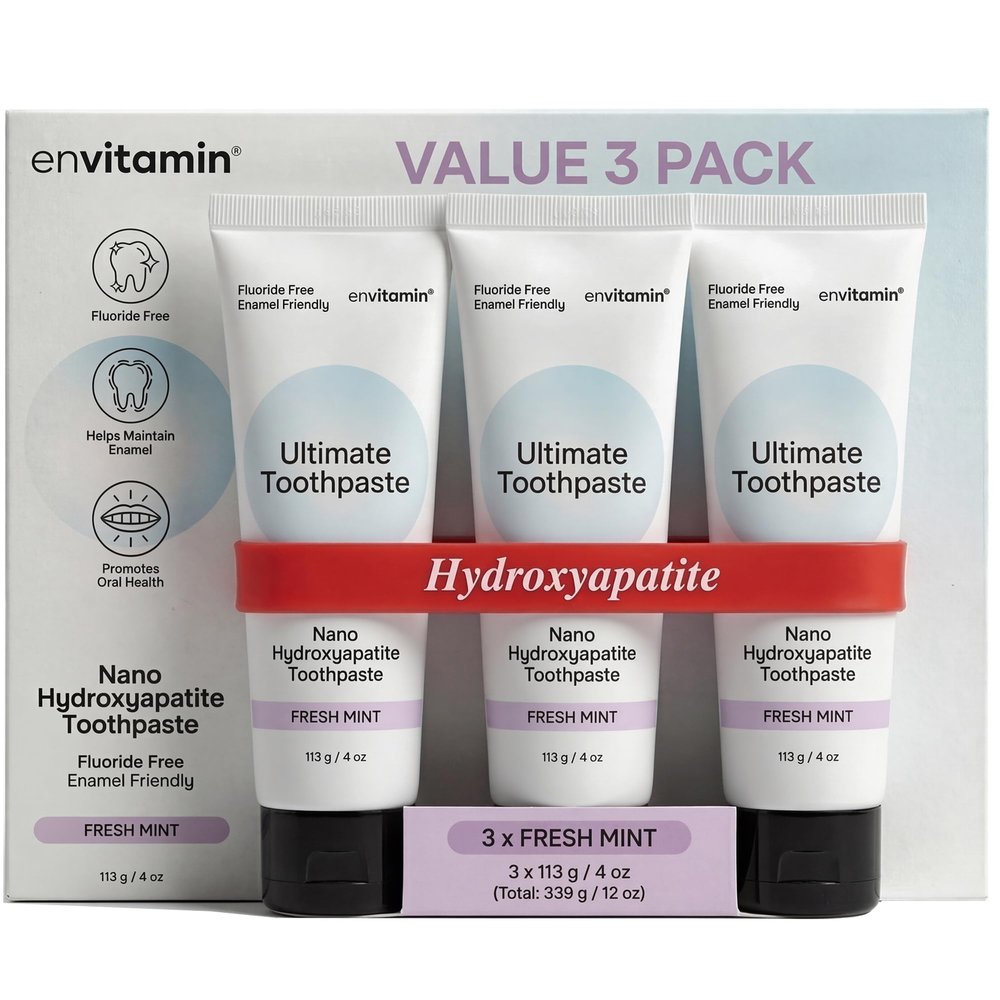 envitamin Fluoride Free Nano Hydroxyapatite Ultimate Toothpaste for Remineralizing Enamel & Sensitive Relief, Whitening, Antiplaque, SLS Free, Fresh Mint, 4 oz (3 Tubes, Fresh Mint)