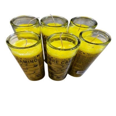 Abre Camino Religious Glass Candle, Yellow, 8 Inch Cylindrical Container, Spiritual Ceremony, Mystical Symbols, Pack of (6)