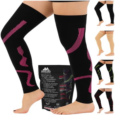 Mojo Women's Thigh-High Compression Sleeves 20-30mmHg with Non-Slip Grip Top Graduated Support for Varicose Veins, Swelling, Travel, Pink, 4XL