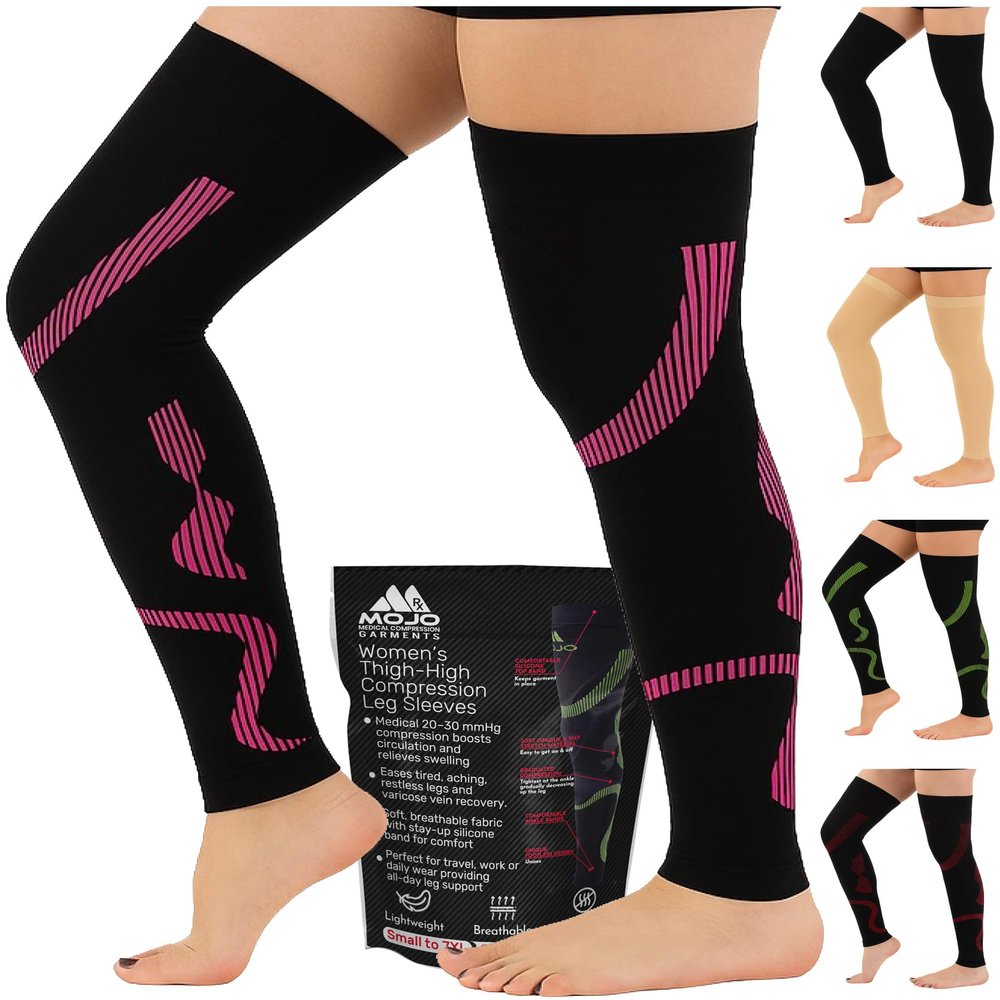 Mojo Women's Thigh-High Compression Sleeves 20-30mmHg with Non-Slip Grip Top Graduated Support for Varicose Veins, Swelling, Travel, Pink, 4XL