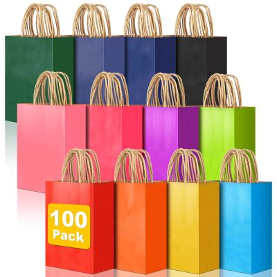 100 PCS Small Gift Bags with Handles, 5.91"x3.15"x8.27" Party Favor Bags, 12 Colored Goodie Bags for Birthday Party, Kraft Paper Gift Bags Bulk for Wedding, Baby Shower, Celebrations, Party Supplies