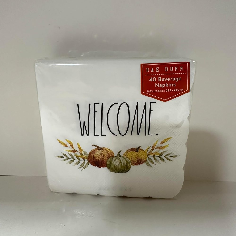 Rae NAPKIN Collection 2 | Collectible & Gift | CHRISTMAS, THANKSGIVING - Dunn By Magenta (WELCOME FALL NAPKINS | 40-Pack 9.43 x 9.43 Paper Cocktail Napkins with Pumpkins & Autumn Leaves)