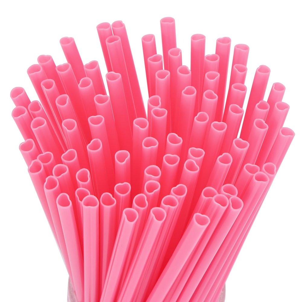 120PCS Tomnk Pink Heart Shaped Straws, 8.3" Long Disposable Cute Plastic Straws for Valentines Day, Cocktail, Birthday Party, Bridal Shower, Wedding Decorations
