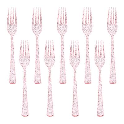 50 Pcs Plastic Cutlery Forks Long Handle Dessert Fruit Forks Birthday Party Appetizer Fork Buffet Catering Fork for Daily Using Clear Rose Golden