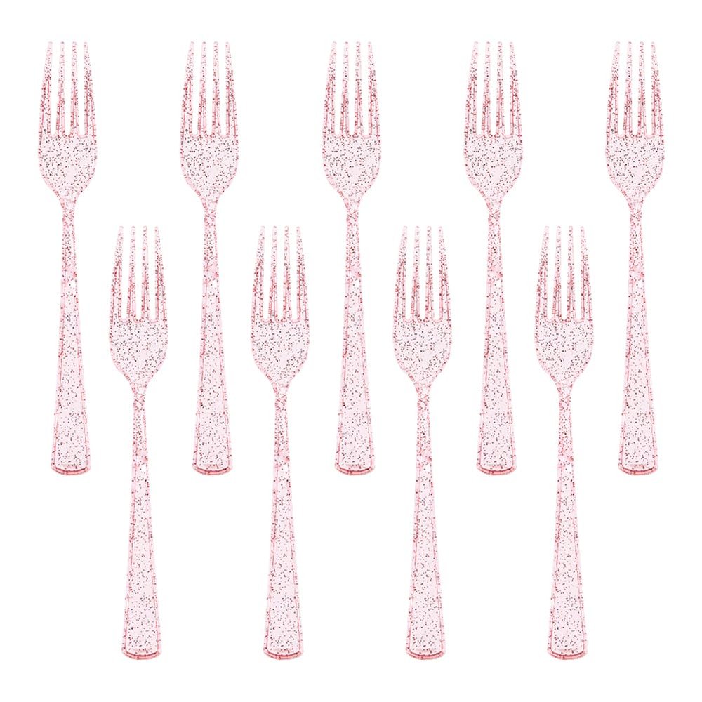 50 Pcs Plastic Cutlery Forks Long Handle Dessert Fruit Forks Birthday Party Appetizer Fork Buffet Catering Fork for Daily Using Clear Rose Golden