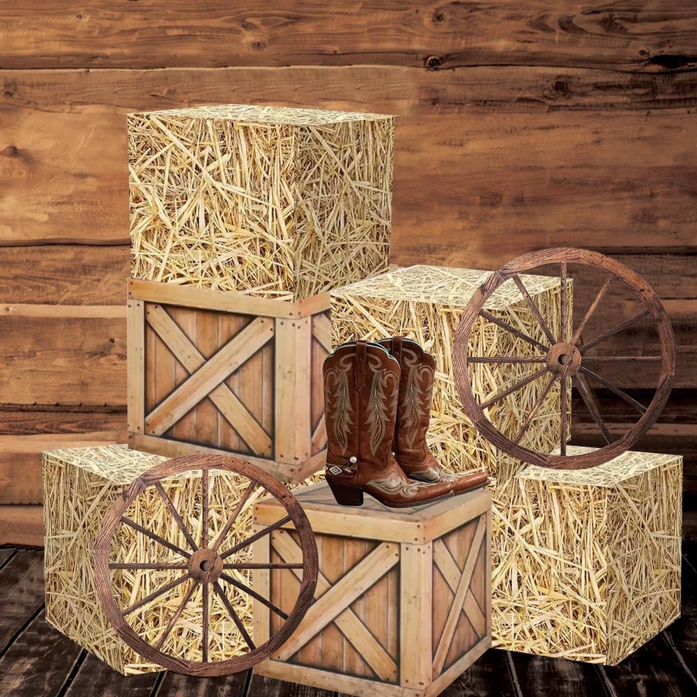 9 Pcs Cowboy Party Decorations Include 4 Hay Bale Boxes 2 Wooden Boxes 2 Wheel Cards and 1 Cowboy Boot Card for Western Party Fall Harvest Farm Accessories