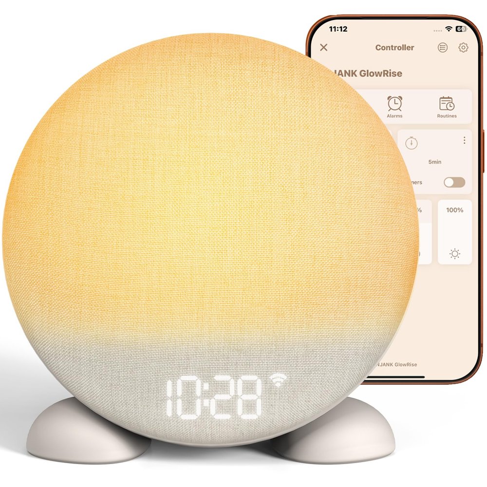 ANJANK App Smart Sunrise Alarm Clock Sound Machine with Wake up Light, Dimmable Clock & Night Light, Up to 15 Alarms, White Noise Machine with 25 Soothing Sounds for Bedroom, Gift for Kids Adults