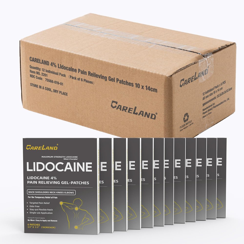 CARELAND 4% Lidocaine Gel Patches, 72 Count | Maximum Strength Pain Relief Patches for Muscle Relief in Neck Knee Back and Shoulders | Unscented Numbing Patch for Soothing Nerves, Joints