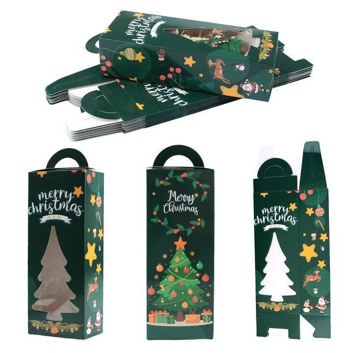 HICOHAND Christmas Gift Boxes with Window, 24PCS Small Christmas Tree Presents Box Bulk with Lids Green Cookie Boxes for Wrapping Gifts, Holiday Parties, Cookies