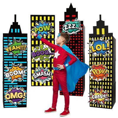 25pcs Skyscraper Party Decoration Large Super Themed Hero Background Box City Skyline Building Party Decor Include 12 Skyscraper Box 10 Sticker 3 Roof for Boy Girl Comic Book Themed Party Supplies