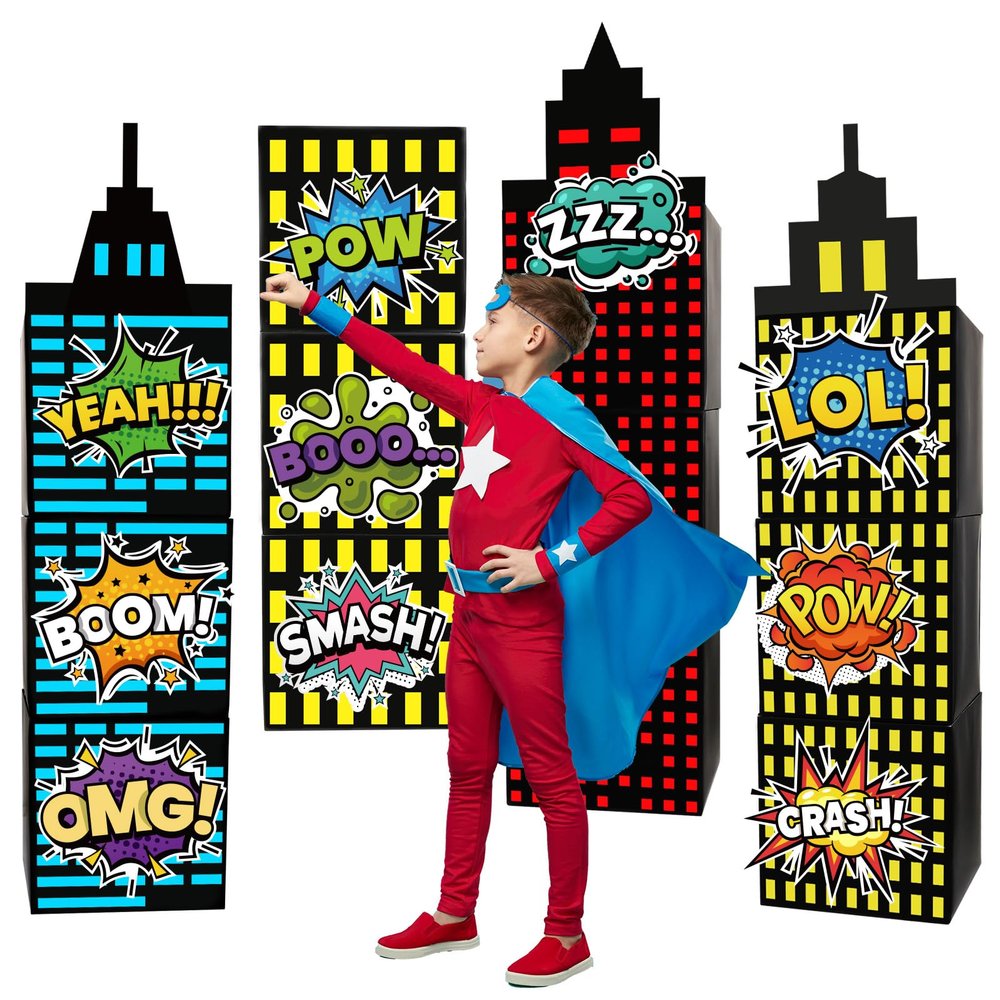 25pcs Skyscraper Party Decoration Large Super Themed Hero Background Box City Skyline Building Party Decor Include 12 Skyscraper Box 10 Sticker 3 Roof for Boy Girl Comic Book Themed Party Supplies