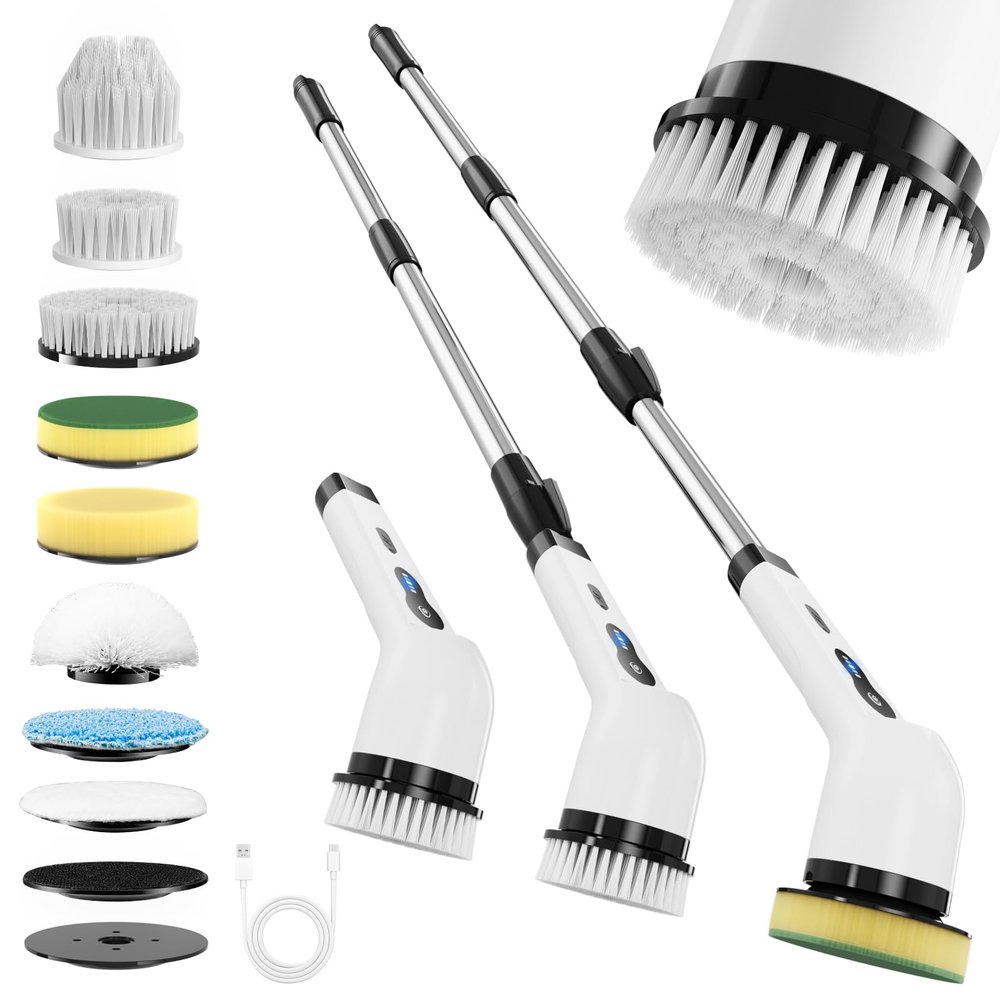 Electric Spin Scrubber, Ultimate Household Cleaning Brush with 90Min Runtime & 8 Heads & 2 Modes- 52in Electric Shower Scrubber Deep Clean for Bathroom Grout, Oven, Shower, Tile & Car, IPX6 Waterproof