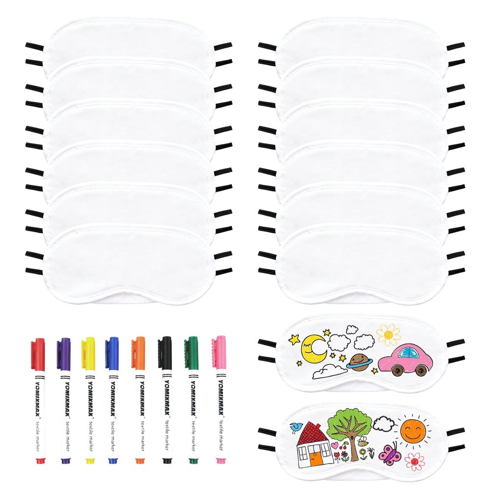 12PCS Eye Mask Blindfold & 8 Various Color Pens - DIY Color Your Own Eye Mask Cover for Party Games Travel Team Build Party w/Adjustable Strap - White Sleeping Mask for Women Men 18 Age+