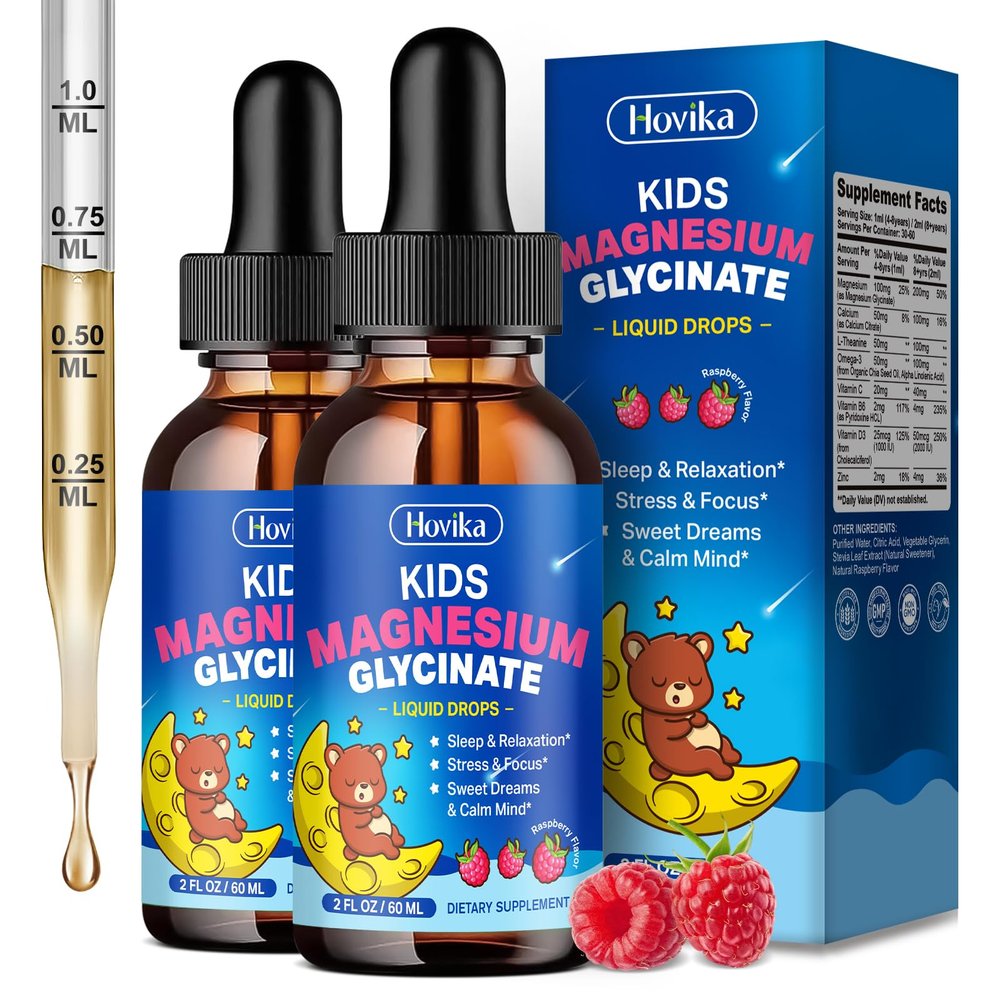 2 Pack Magnesium Drops for Kids - with L-Theanine Omega-3, Vitamin B6, D3, Zinc - Kids Magnesium Glycinate Liquid for Sleep, Relaxation, Calm & Focus - Raspberry Flavor
