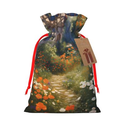 Cottage Garden Christmas Gift Bags with Tags & Ribbon Ties, Xmas Drawstring Candy Treat Bag Christmas Gifts Sacks Reusable Gift Wrapping Bags for Holiday Party Favors Medium