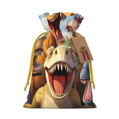 Dinosaurs Selfie Christmas Gift Bags with Tags & Ribbon Ties, Xmas Drawstring Candy Treat Bag Christmas Gifts Sacks Reusable Gift Wrapping Bags for Holiday Party Favors Medium
